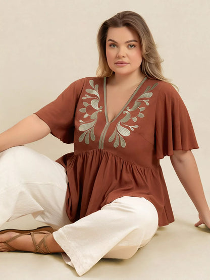 Plus Size Embroidered V-Neck Flutter Sleeve Blouse