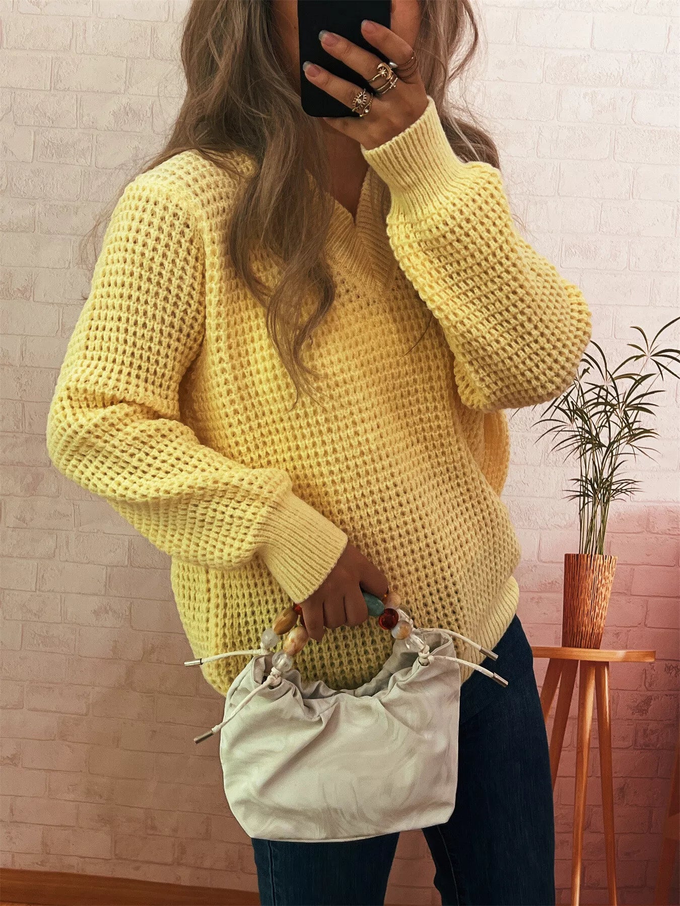 V-Neck Textured Knit Sweater