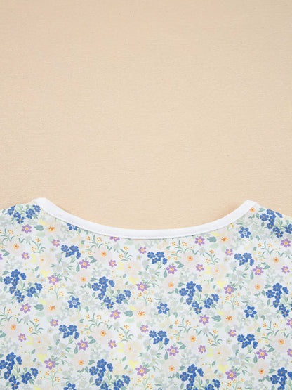 Floral Print Henley Button 3/4 Sleeve Blouse