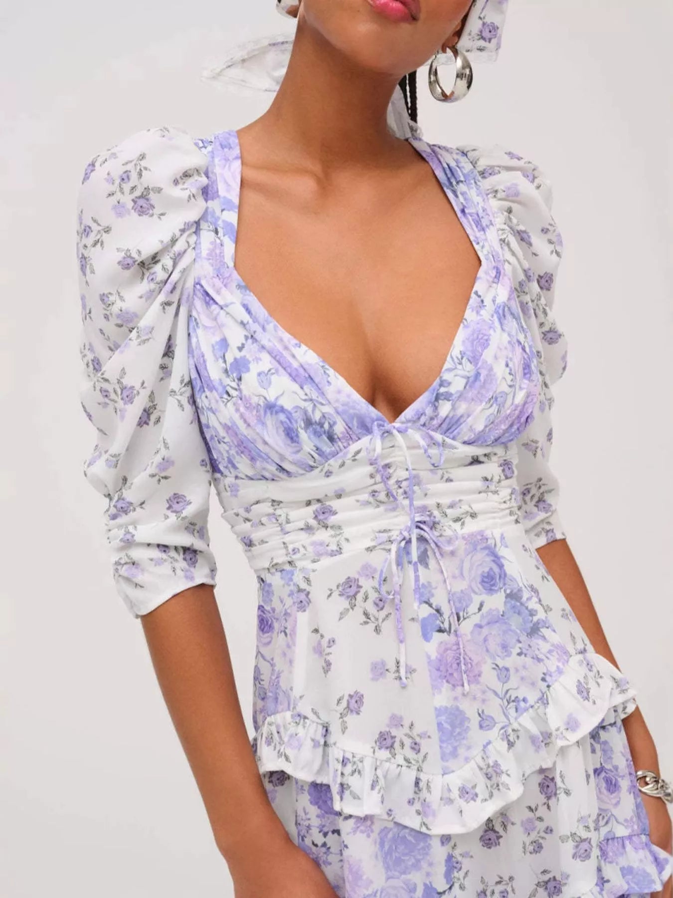 Ruffled Floral Print Half Sleeve Dress