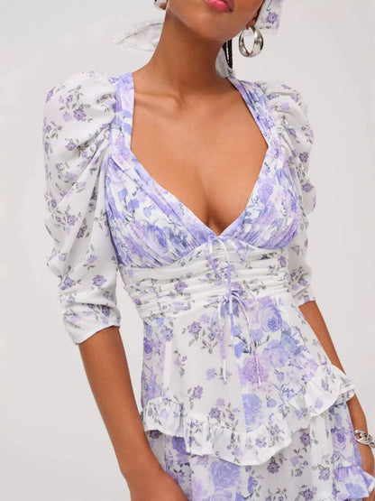 Ruffled Floral Print Half Sleeve Dress