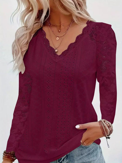 Eyelet Lace Sleeve V-Neck Blouse Burgundy