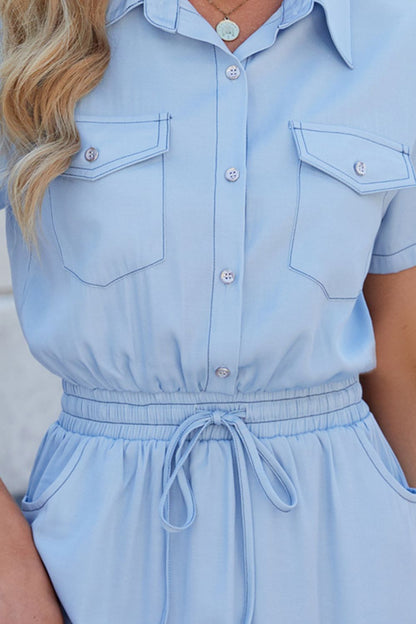 Drawstring Collared Neck Short Sleeve Denim Dress
