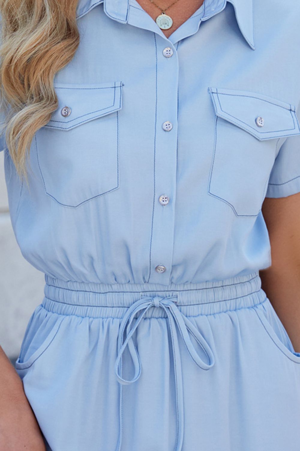 Drawstring Collared Neck Short Sleeve Denim Dress