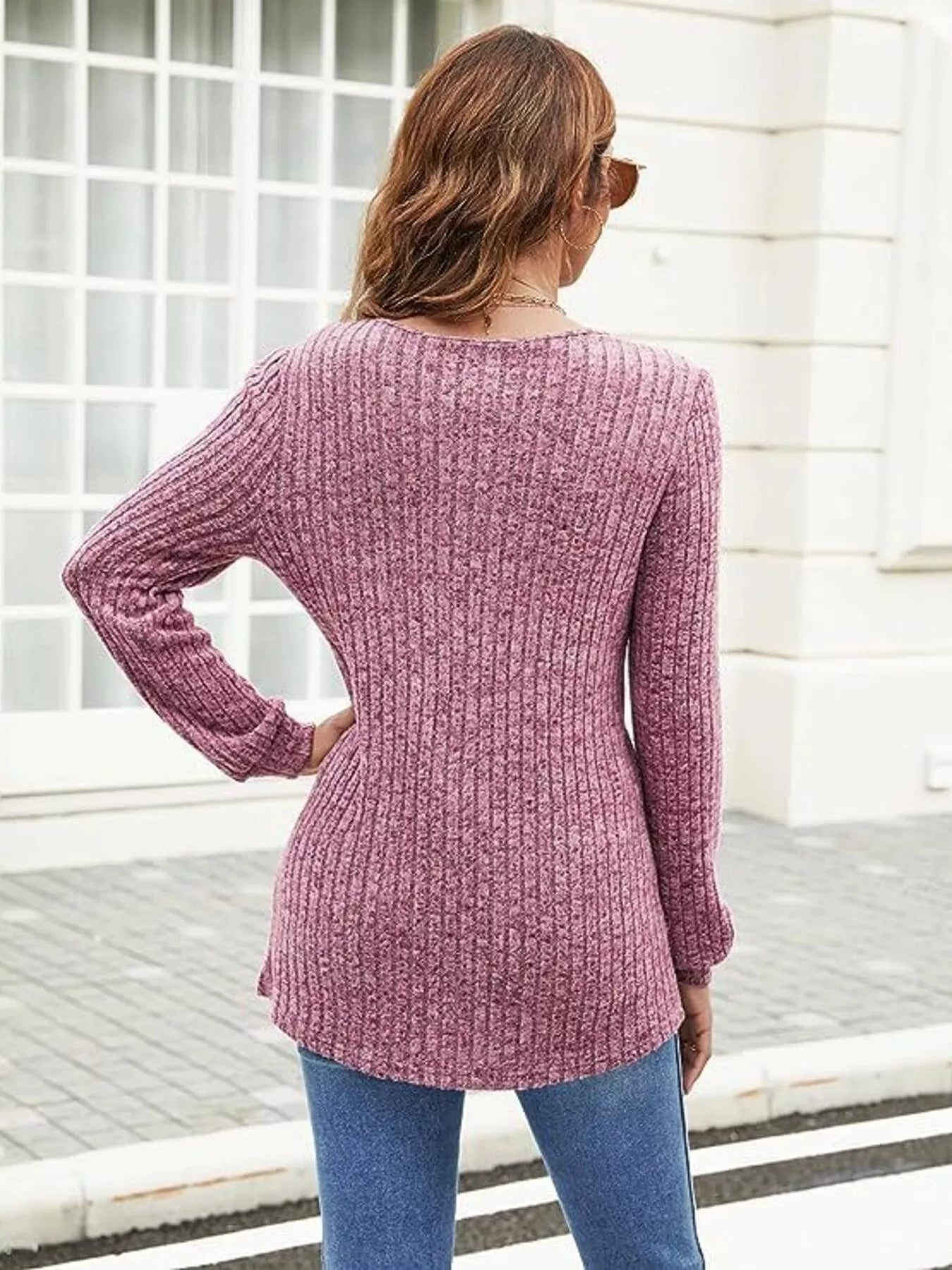 V-Neck Ribbed Long Sleeve Knit Top