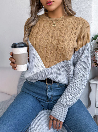 Color Block Cable Knit Long Sleeve Sweater Khaki