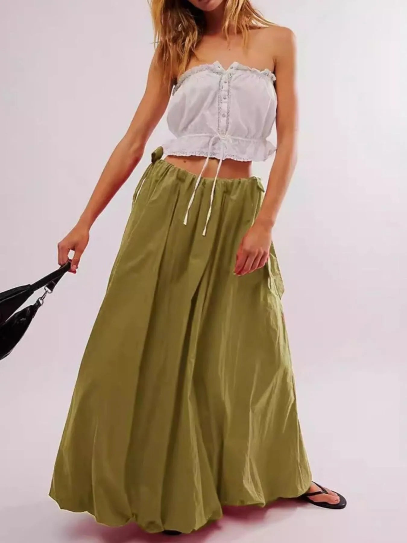 Side Bow Maxi Skirt with Pockets Olive