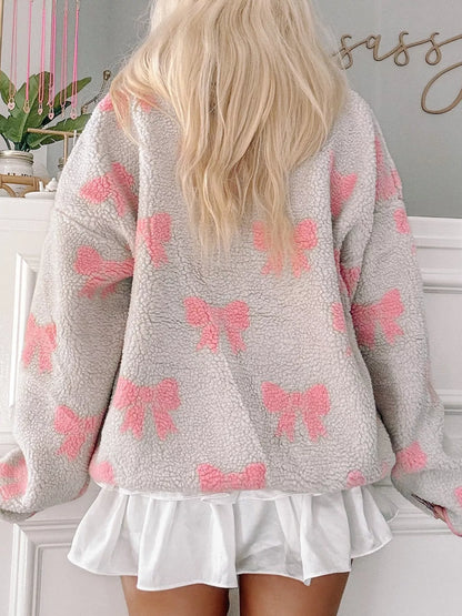 Bow Zip Collar Fleece Sweatshirt