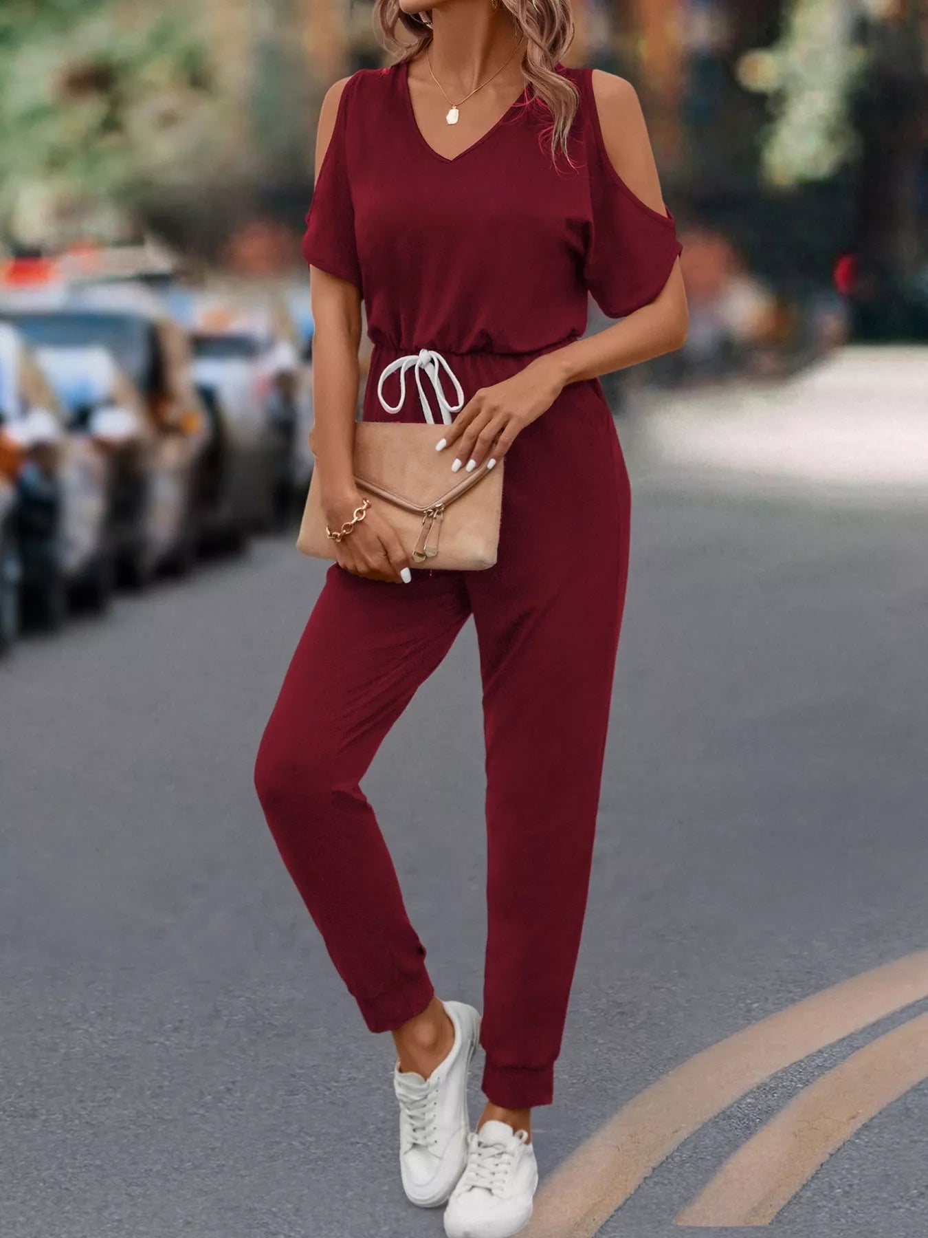 Cold Shoulder V-Neck Drawstring Waist Jumpsuit