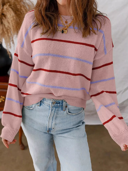 Striped Round Neck Drop Shoulder Sweater Pink