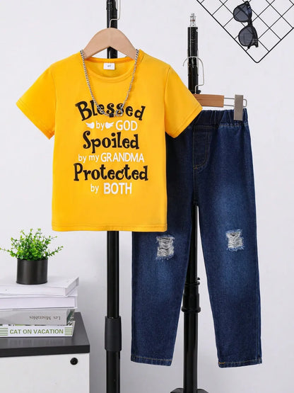Children's Round Neck Letter Graphic T-Shirt and Distressed Jeans Set Gold