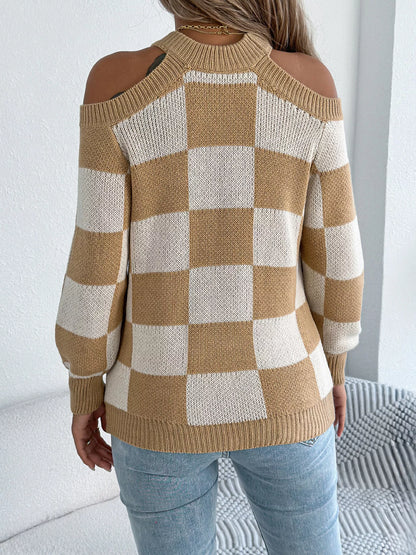 Cold Shoulder Checkered Long Sleeve Sweater