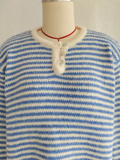 Striped Button Detail Long Sleeve Sweater