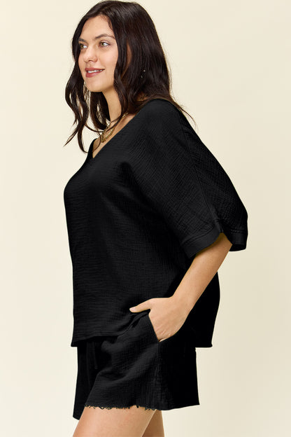 Textured Cotton T-Shirt and Drawstring Shorts Set