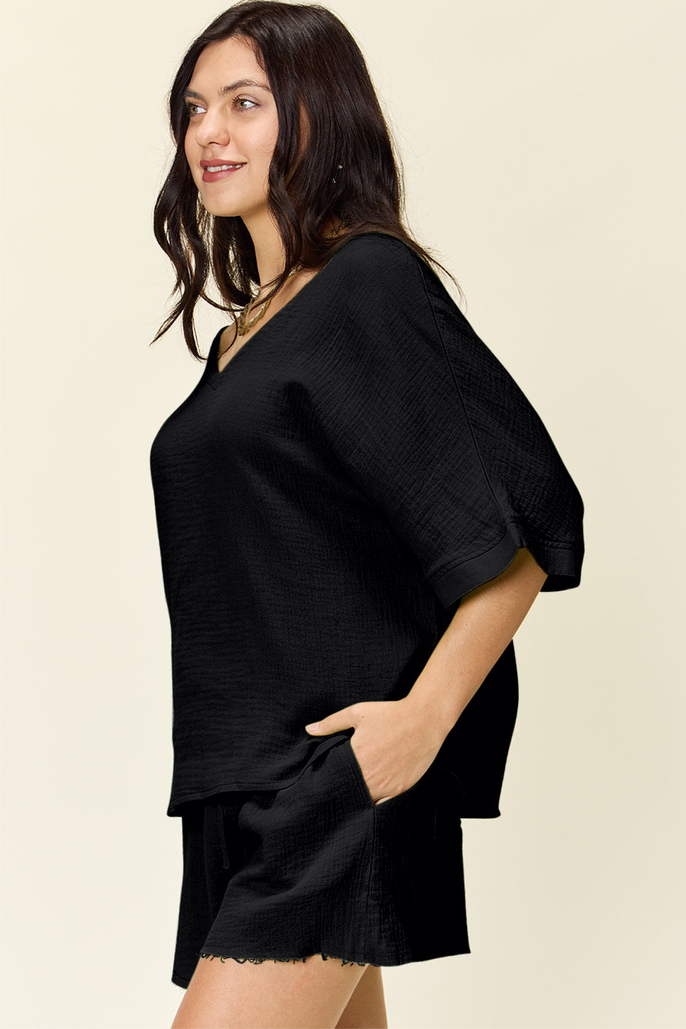 Textured Cotton T-Shirt and Drawstring Shorts Set