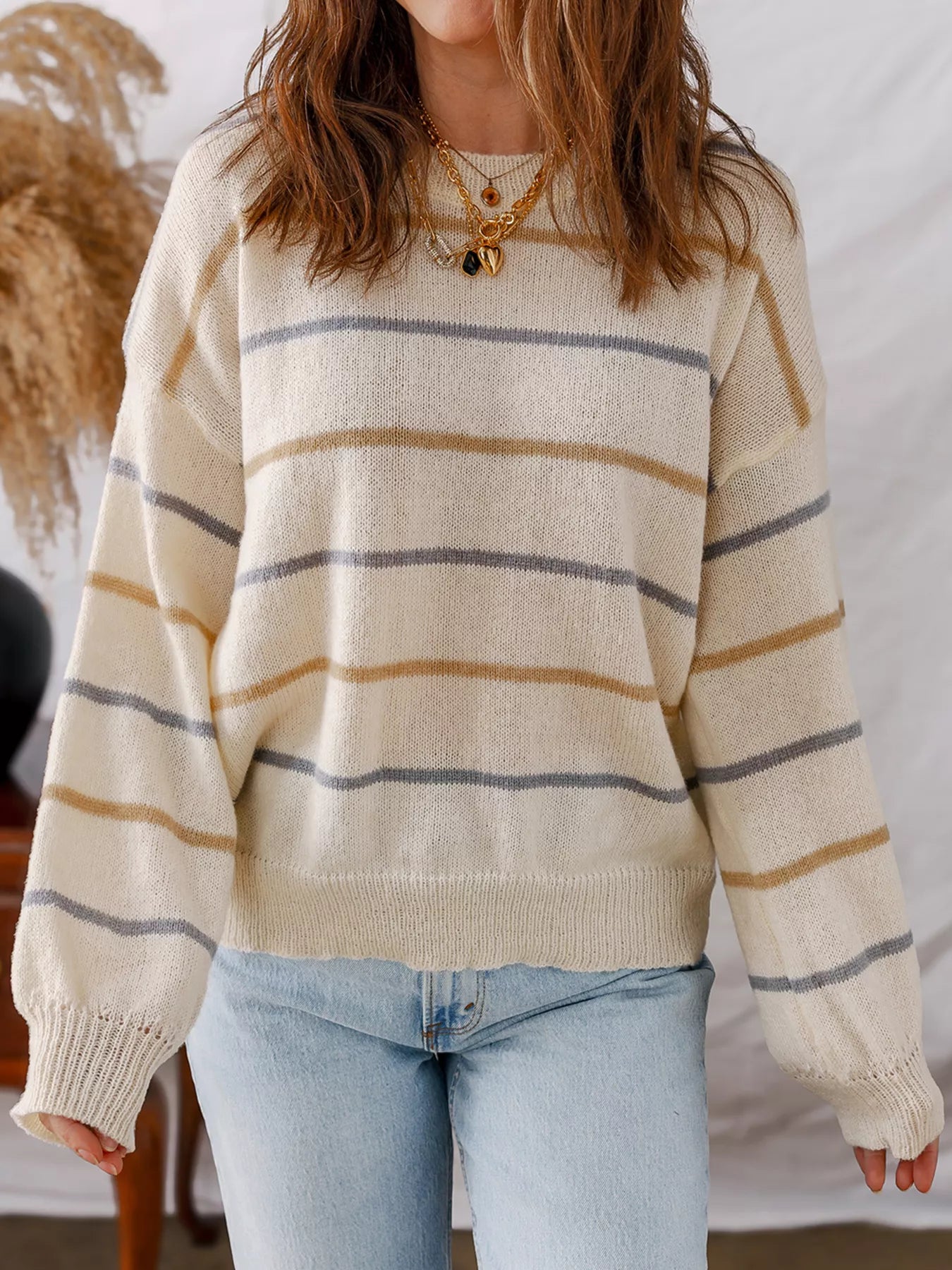 Stripe Striped Ribbed Edge Drop Shoulder Sweater Cream