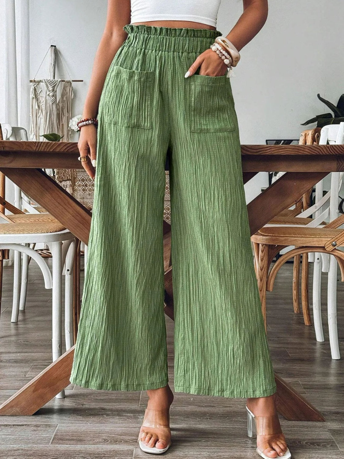 Frill Wide Leg Pants Matcha Green