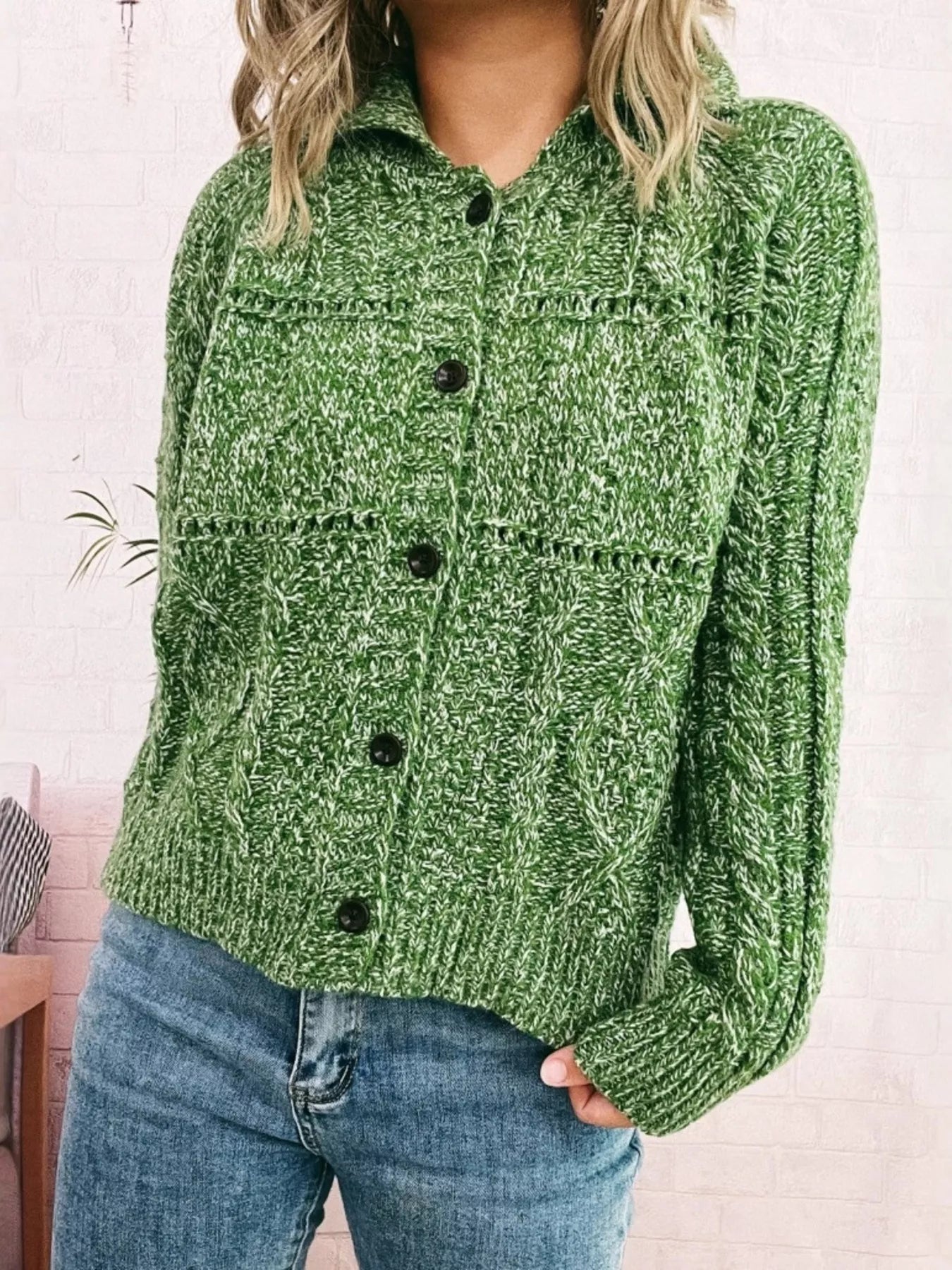 Openwork Cable Knit Button-Up Cardigan Green One Size