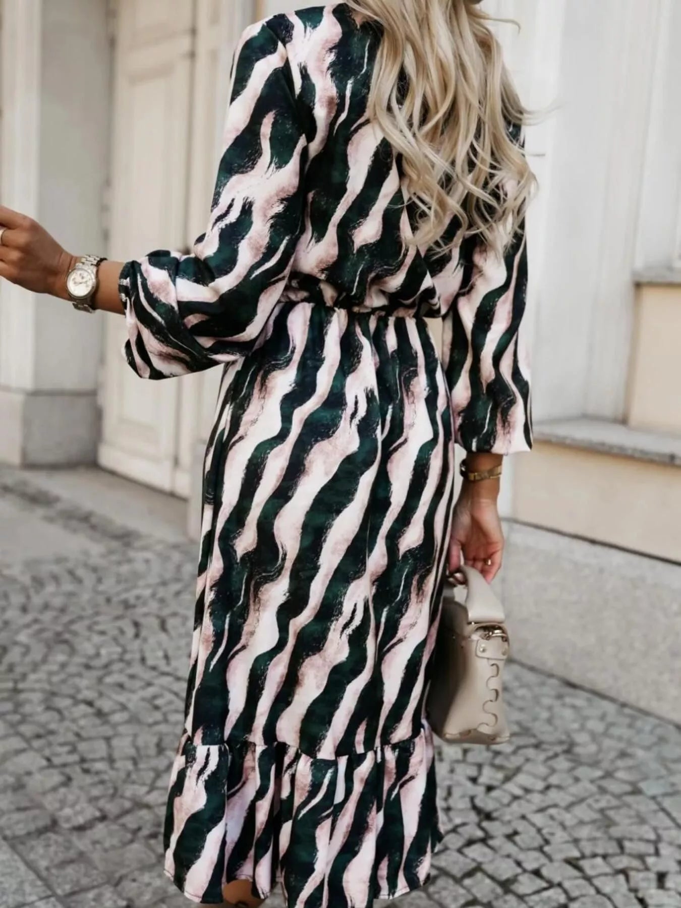 Ruffled Hem Striped Long Sleeve Dress