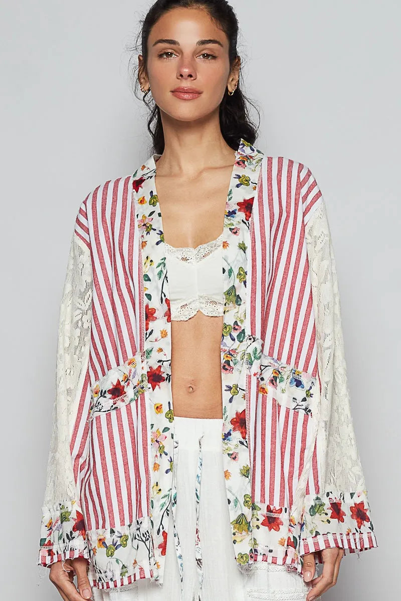 POL Lace Long Sleeve Striped Cardigan with Floral Patchwork Detail Scarlet