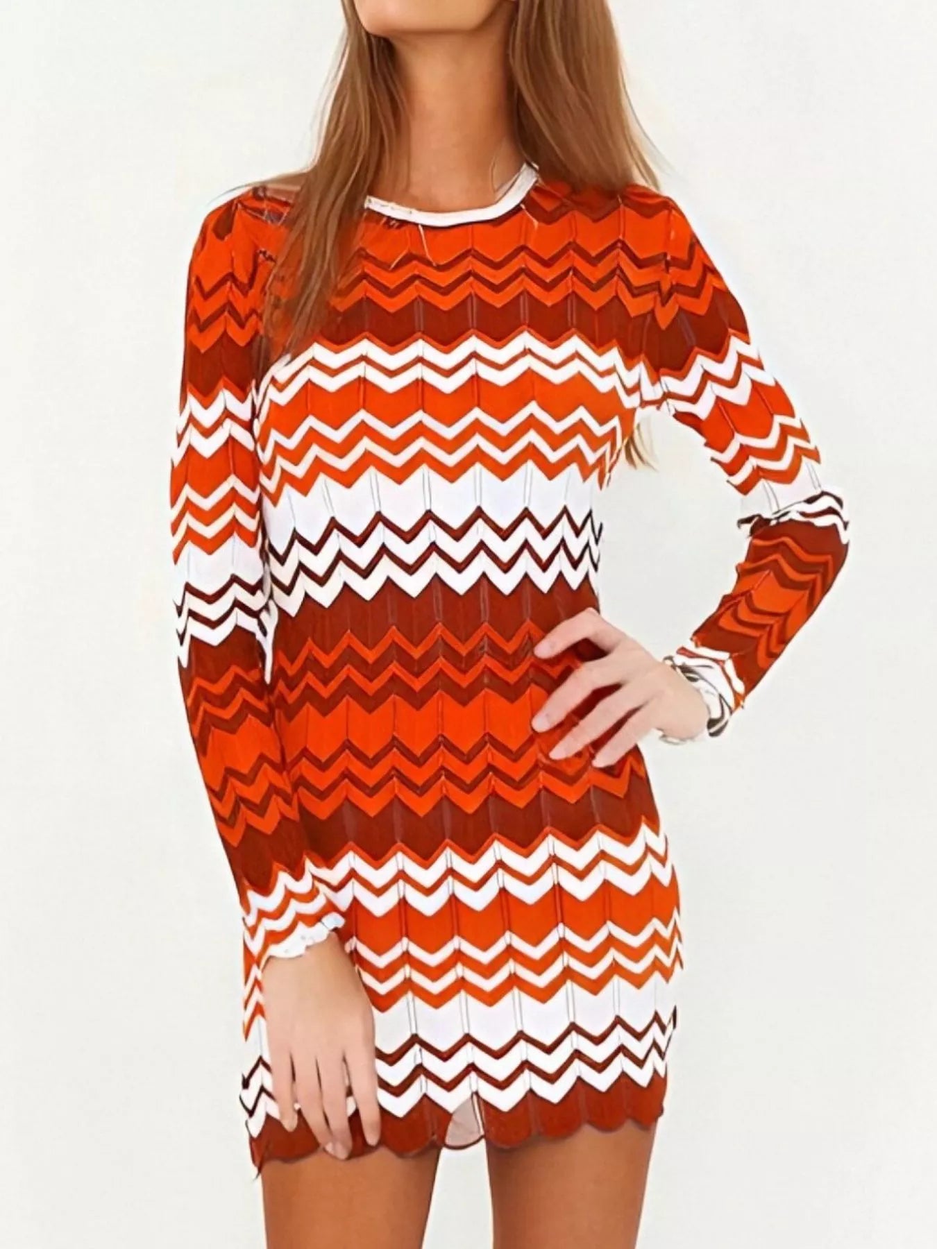 Openwork Wave Pattern Long Sleeve Sweater Dress