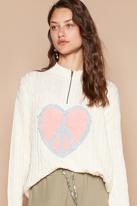 Back To School Sweater - POL Cable-Knit Peace Patch Dropped Shoulder Sweater Ivory