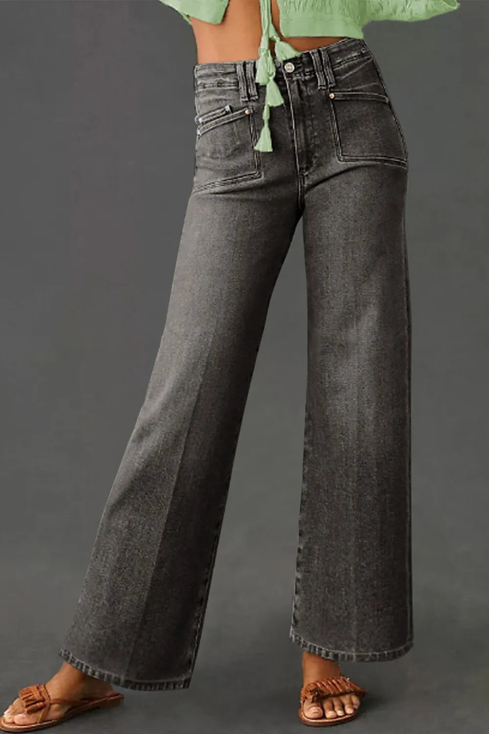 High-Waisted Wide-Leg Vintage Wash Jeans Dark Gray