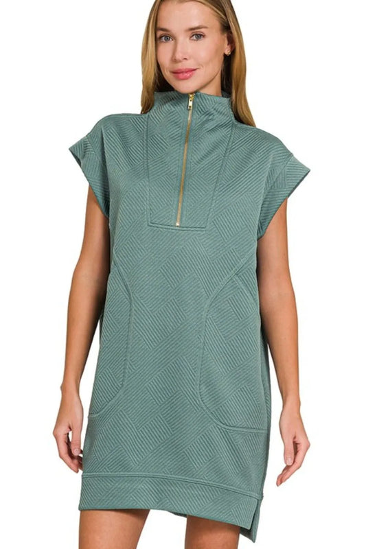 Zenana Textured Knit Jacquard Quarter Zipper Mini Dress ASH JADE
