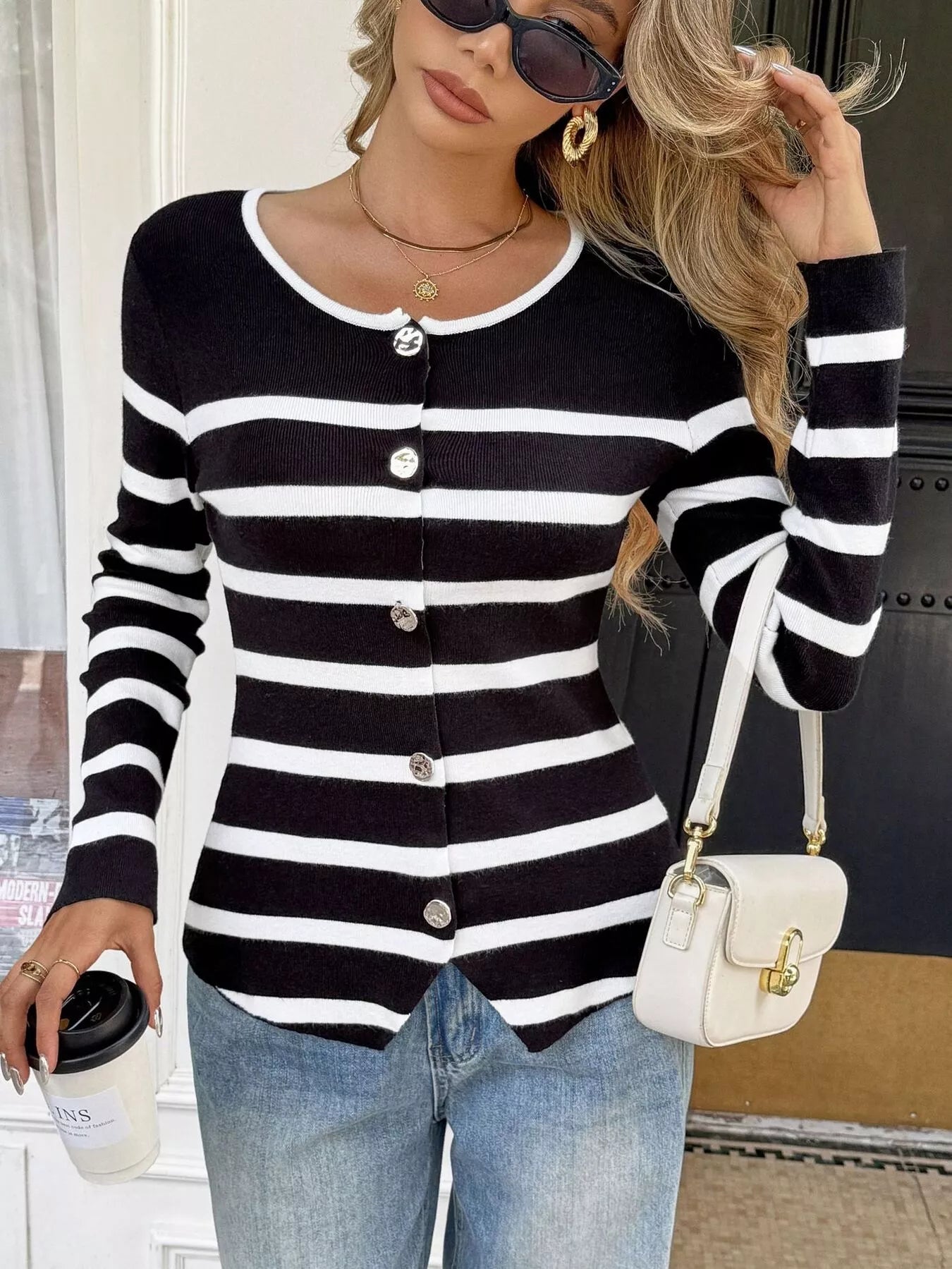 Striped Button-Up Knit Cardigan
