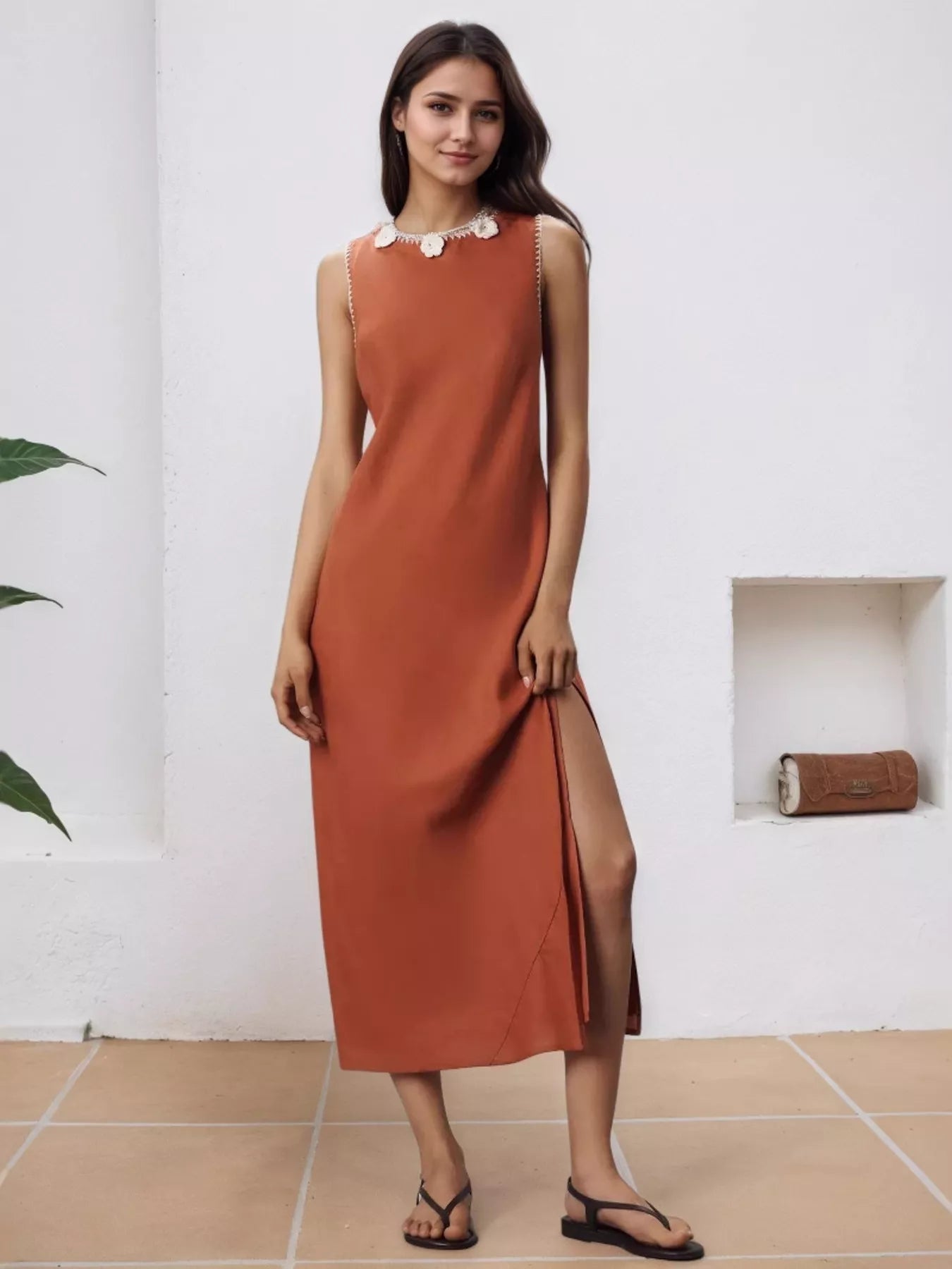 Slit Round Neck Sleeveless Midi Tank Dress Ochre