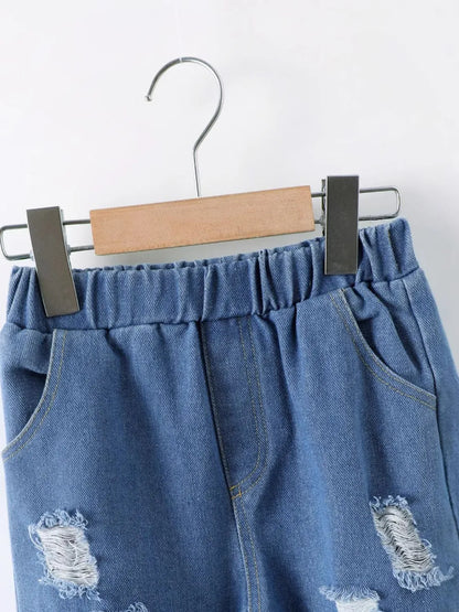 Dinosaur Round Neck Long Sleeve Top and Distressed Pants Set