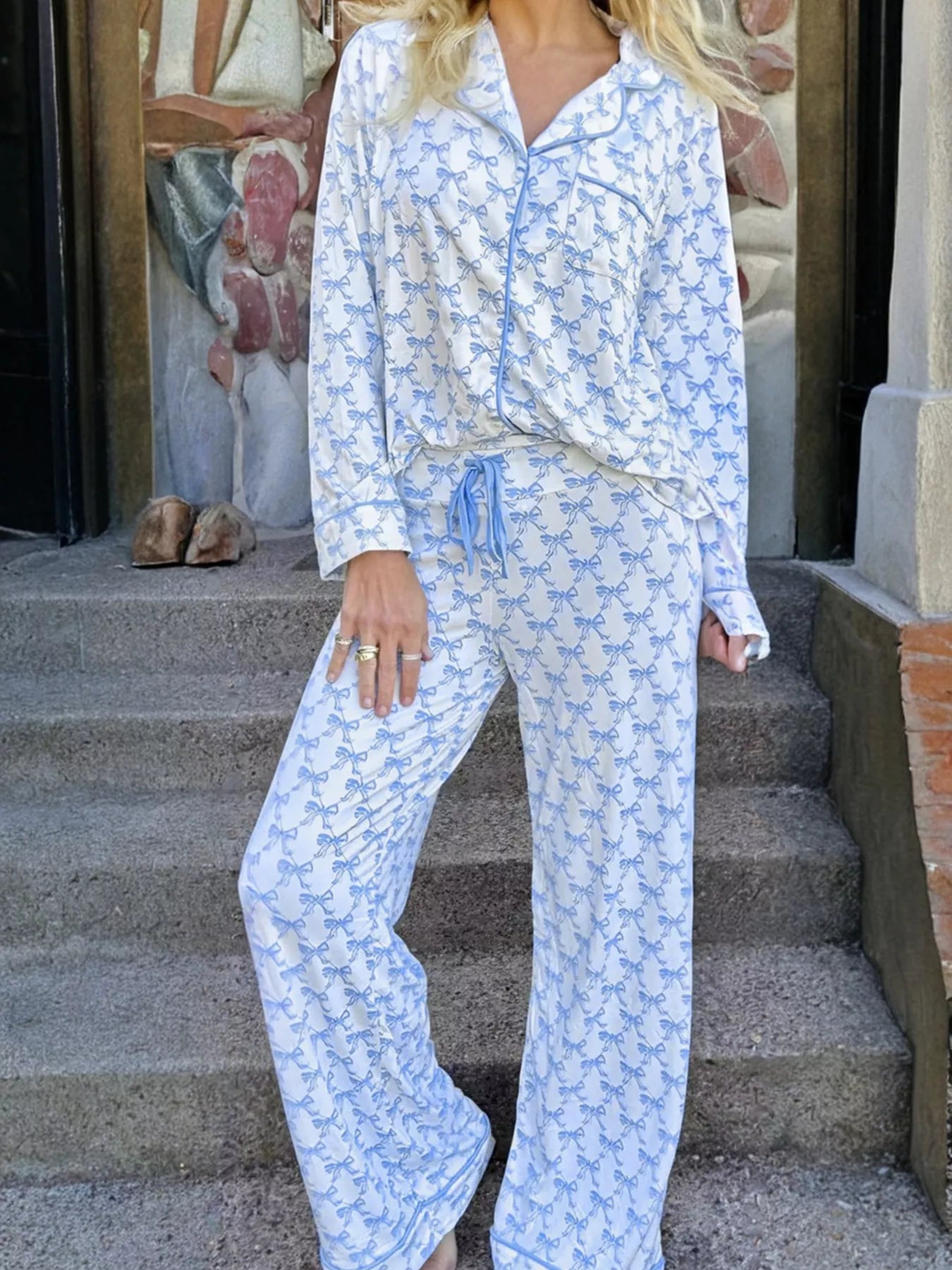 Bow Print Long Sleeve Shirt and Pants Pajama Set Light Blue