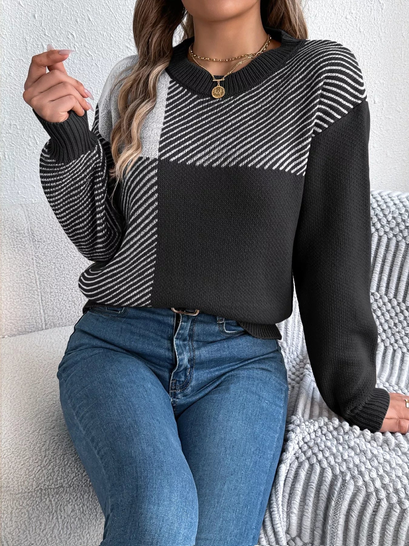 Color Block Striped Round Neck Sweater
