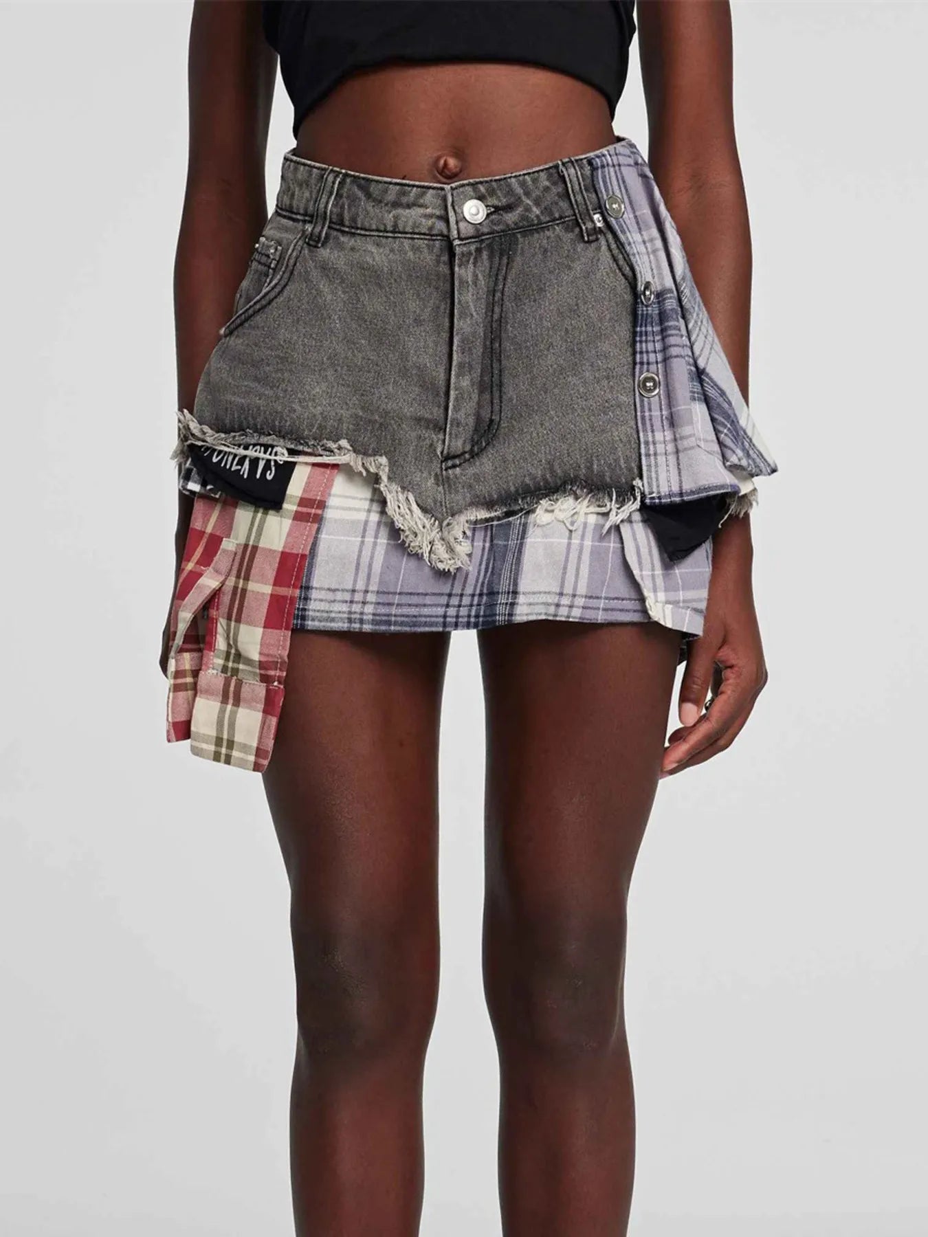Raw Hem Denim Mini Skirt with Plaid Patch Details Dark Gray