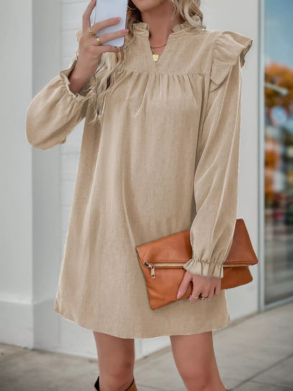 Ruffled Notched Long Sleeve Dress Apricot