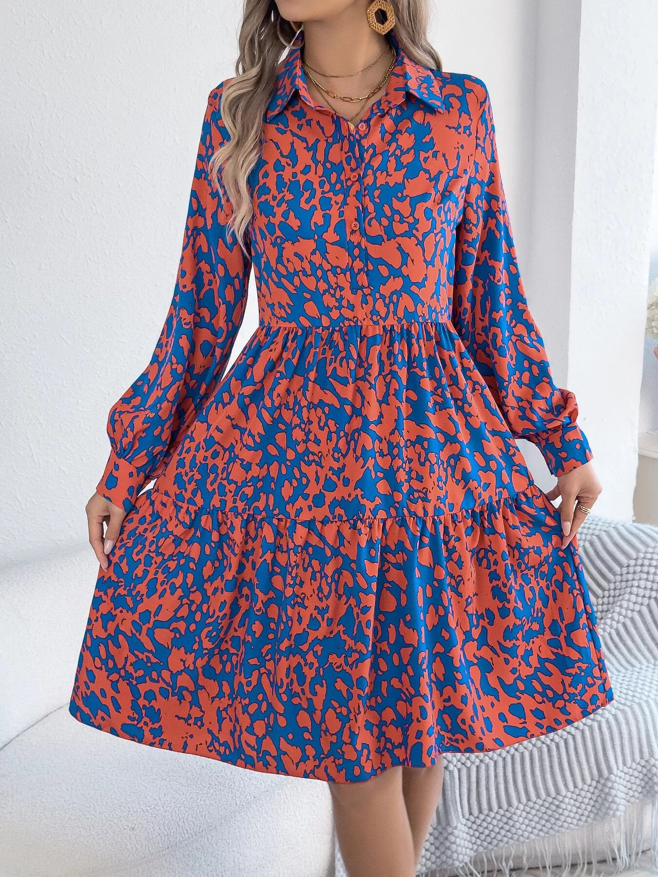 Printed Collared Neck Long Sleeve Dress