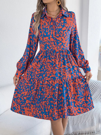 Printed Collared Neck Long Sleeve Dress