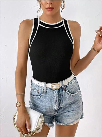 Ribbed Knit Contrast Trim Tank Top Black