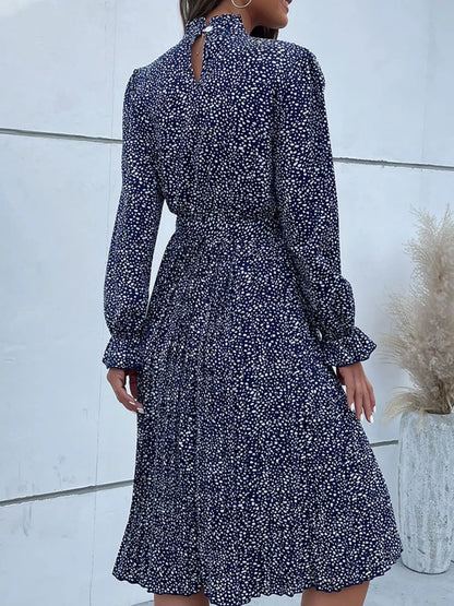 Animal Print Mock Neck Flounce Sleeve Dress