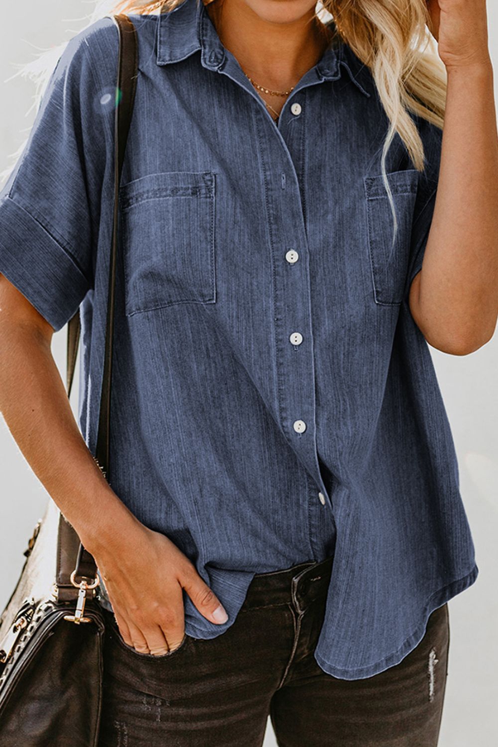 Pocketed Button Up Short Sleeve Denim Shirt Dusty Blue