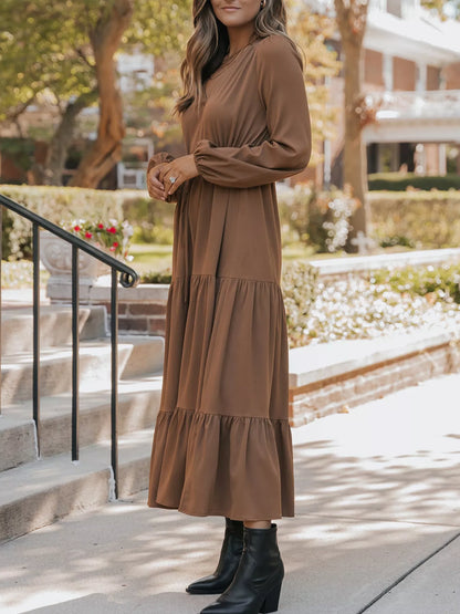V-Neck Balloon Sleeve Tiered Dress