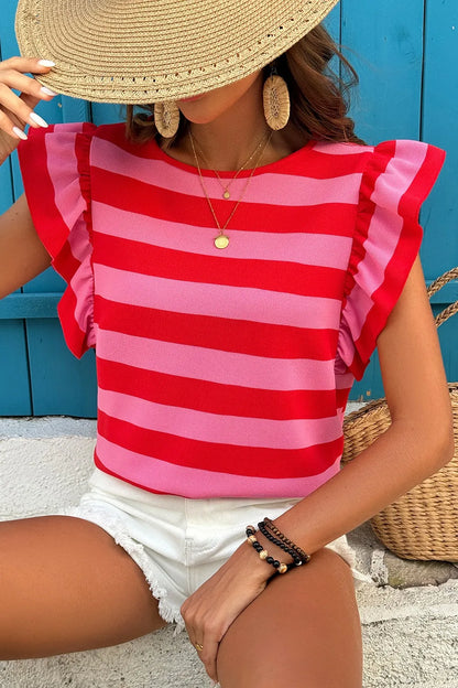 Striped Ruffle Sleeve Summer T-Shirt Strawberry