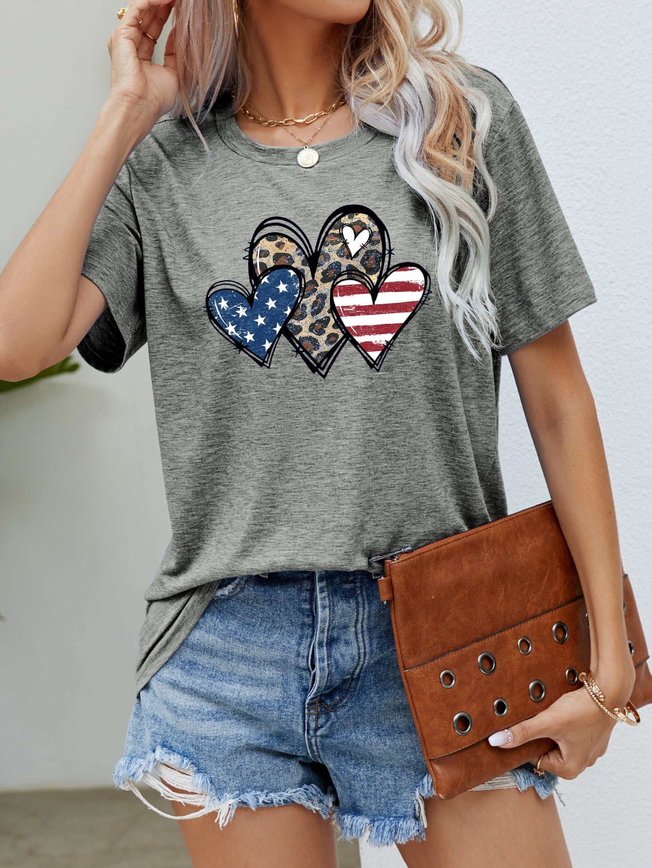 US Flag Leopard Heart Graphic Tee Mid Gray