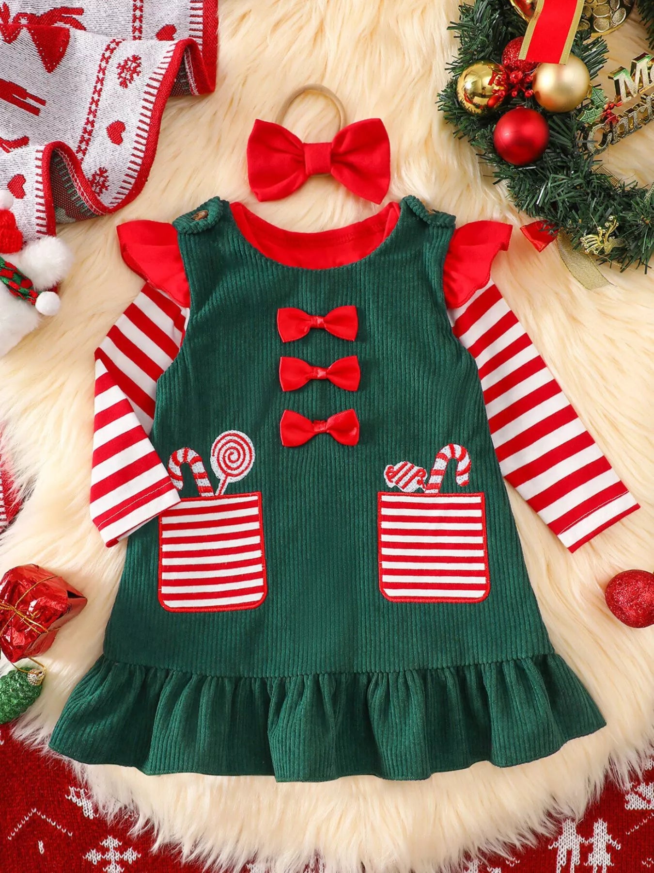 Children's Christmas Striped Bodysuit and Dress Set with Headband Dark Green