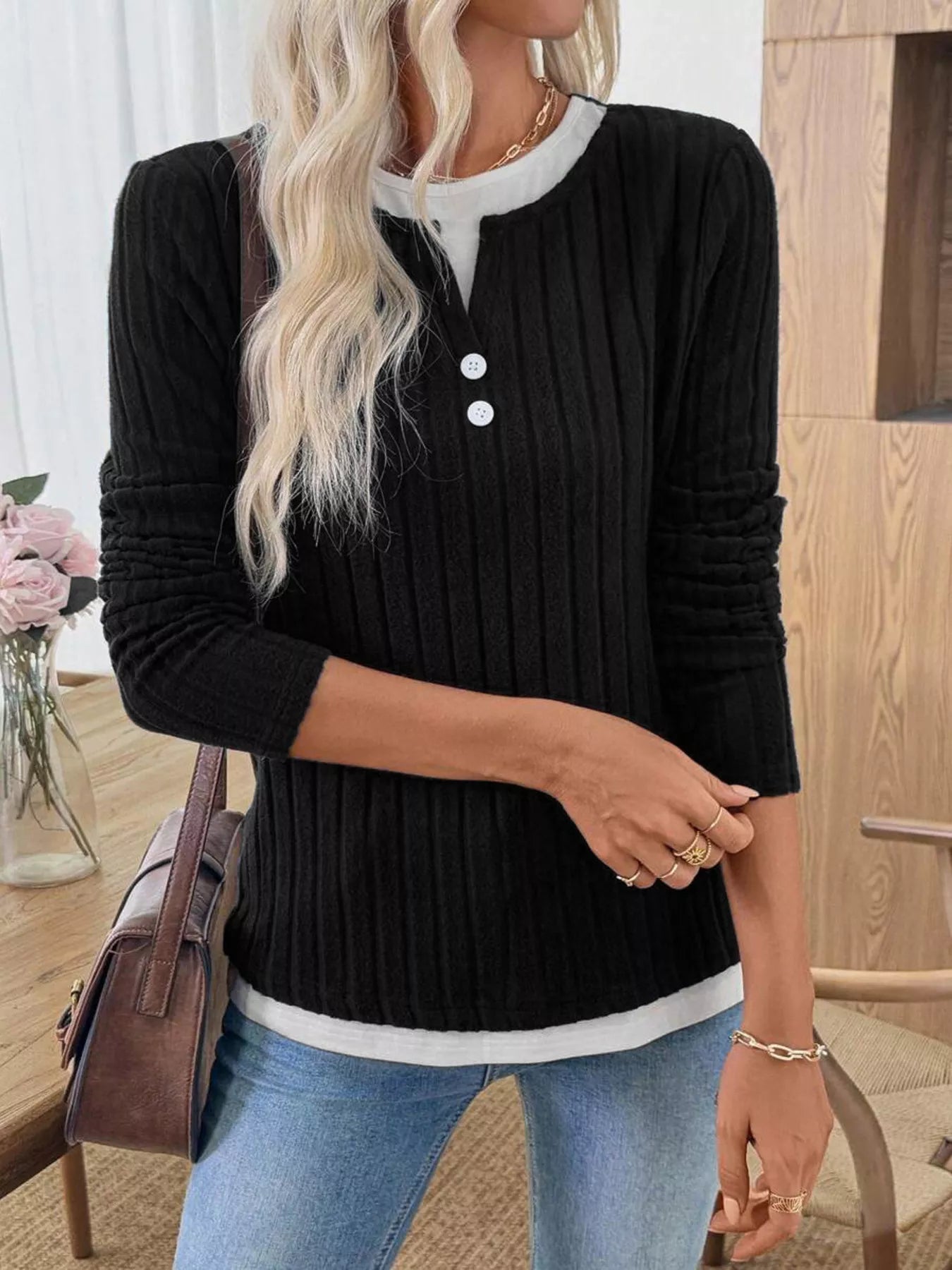 Ribbed Knit Button Detail Contrast Sweater