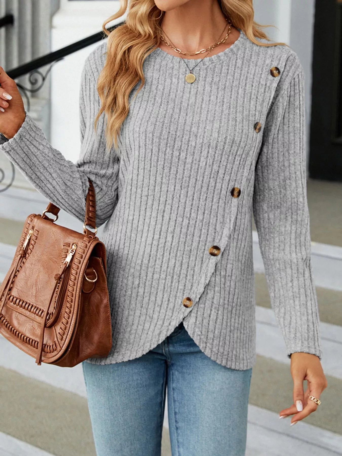 Ribbed Knit Decor Button T-Shirt