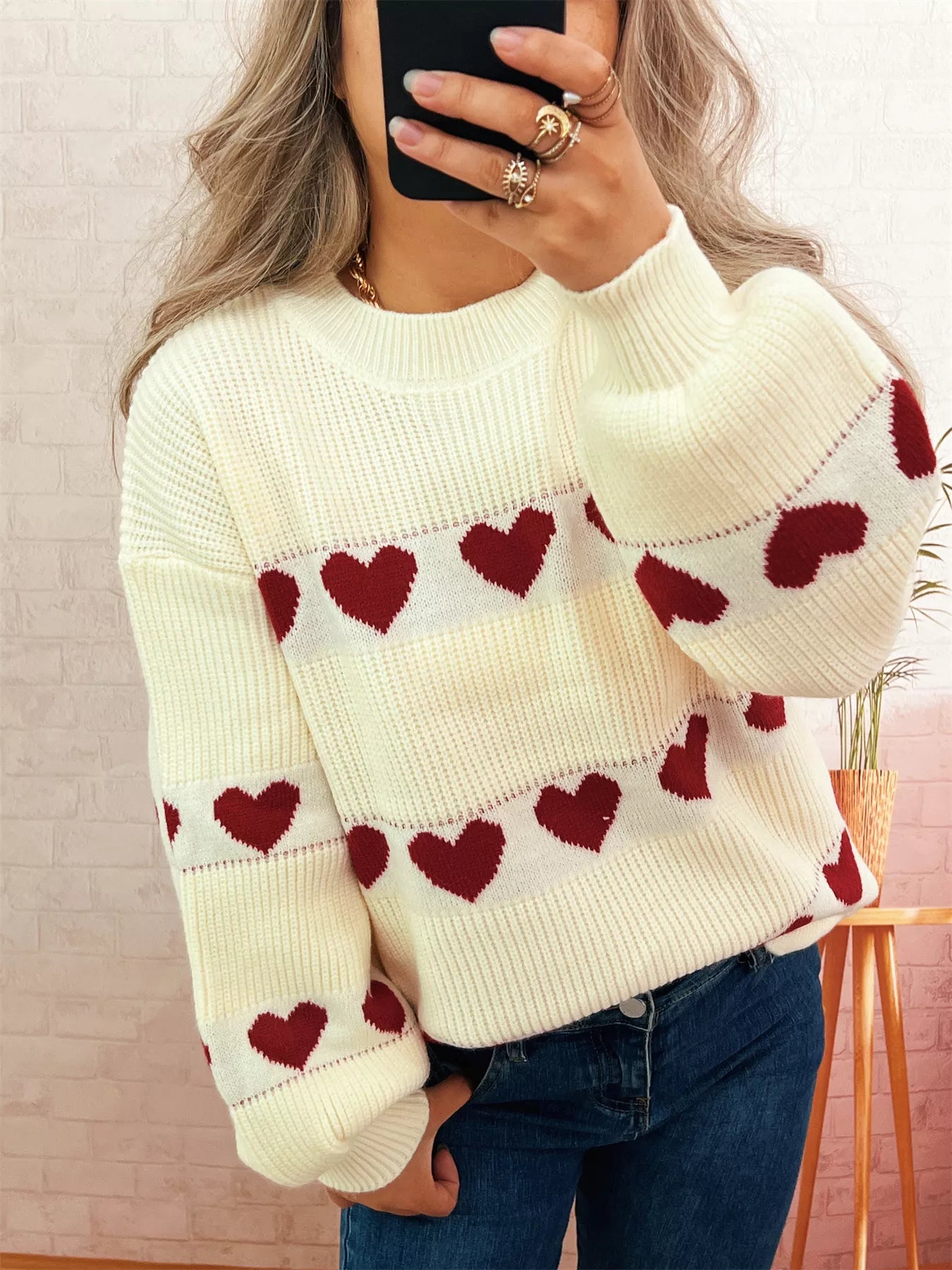 Heart Pattern Dropped Shoulder Sweater