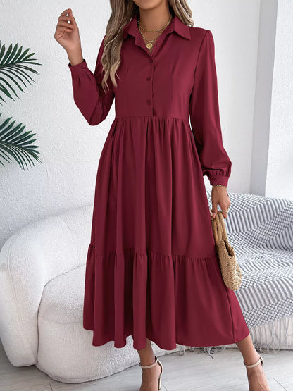 Long Sleeve Tiered Button Front Midi Dress