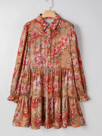 Floral Print Half Button Flounce Sleeve Ruffle Mini Dress Floral