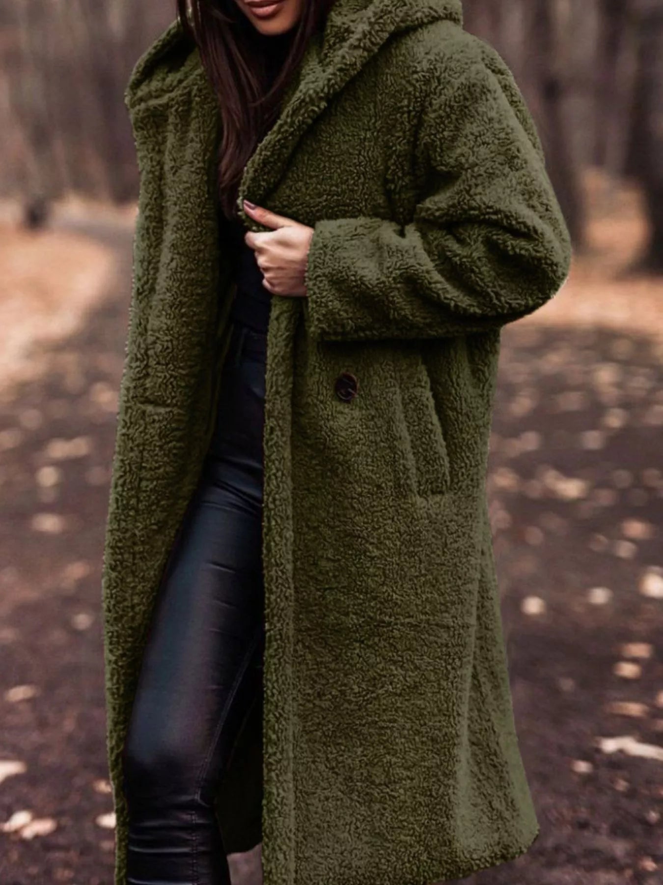 Teddy Bear Hooded Longline Outerwear Khaki